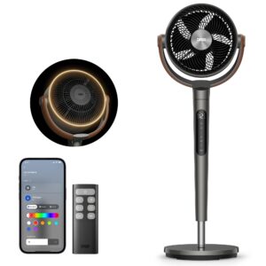 DREO Smart Fan for Bedroom with RGB Light, 150°+120° Omni-directional Oscillating, Quiet Fan, 100ft Air Circulator Pedestal Fan, 12 Speeds, 6 Modes, 37-42'' Height, Wi-Fi/Voice/Alexa, grey