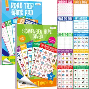 Gethelud 2 Pack Road Trip Game Pads, 10 Games (Categories, Dot & Boxes, Tic-tac-Toe, Scavenger Hunt Bingo), Pen Pencil Paper Game, Plane Trip/Car Travel/Getaway Activity Pad for Kid, Adult