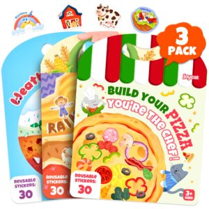 JoyCat Reusable Sticker Book Set, 3-Pack, 90 Stickers, Farm Pizza Weather