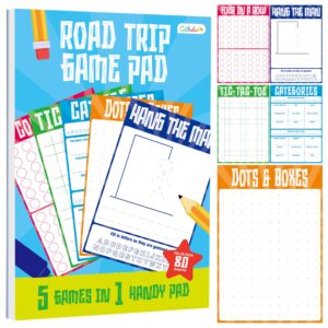 Gethelud Road Trip Game Pad, 80 Tear-Off Sheets 5 Classic Games in 1 Pad, Dots & Boxes, Tic-tac-Toe, Categories, Plane Travel, Car Trip Activity, Pen Pencil & Paper Game for Kids, Adults (4” x 6”)