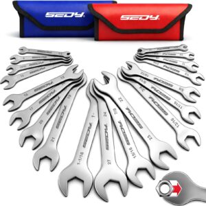 19-Piece Super Thin Open-End Wrench Set, SAE 1/4"-1-1/16" & Metric 5.5–27 mm, 3 mm Thickness Slim Wrench Set for Tight Spaces, Nickel Plated Flat Wrenches with Red & Blue Rolling Storage Pouches