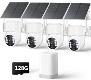4MP Security Cameras Wireless Outdoor, No Subscription 128GB Local Storage, Solar Powered Cameras For Home Security, PTZ Auto Tracking, 4Cam-Kit, Color Night Vision Home Security Camera System,5G&2.4G