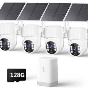 4MP Security Cameras Wireless Outdoor, No Subscription 128GB Local Storage, Solar Powered Cameras For Home Security, PTZ Auto Tracking, 4Cam-Kit, Color Night Vision Home Security Camera System,5G&2.4G